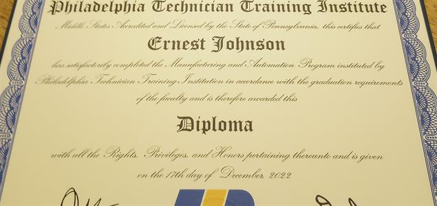 A certificate from the Philadelphia Technician Training Institute for Ernest Johnson