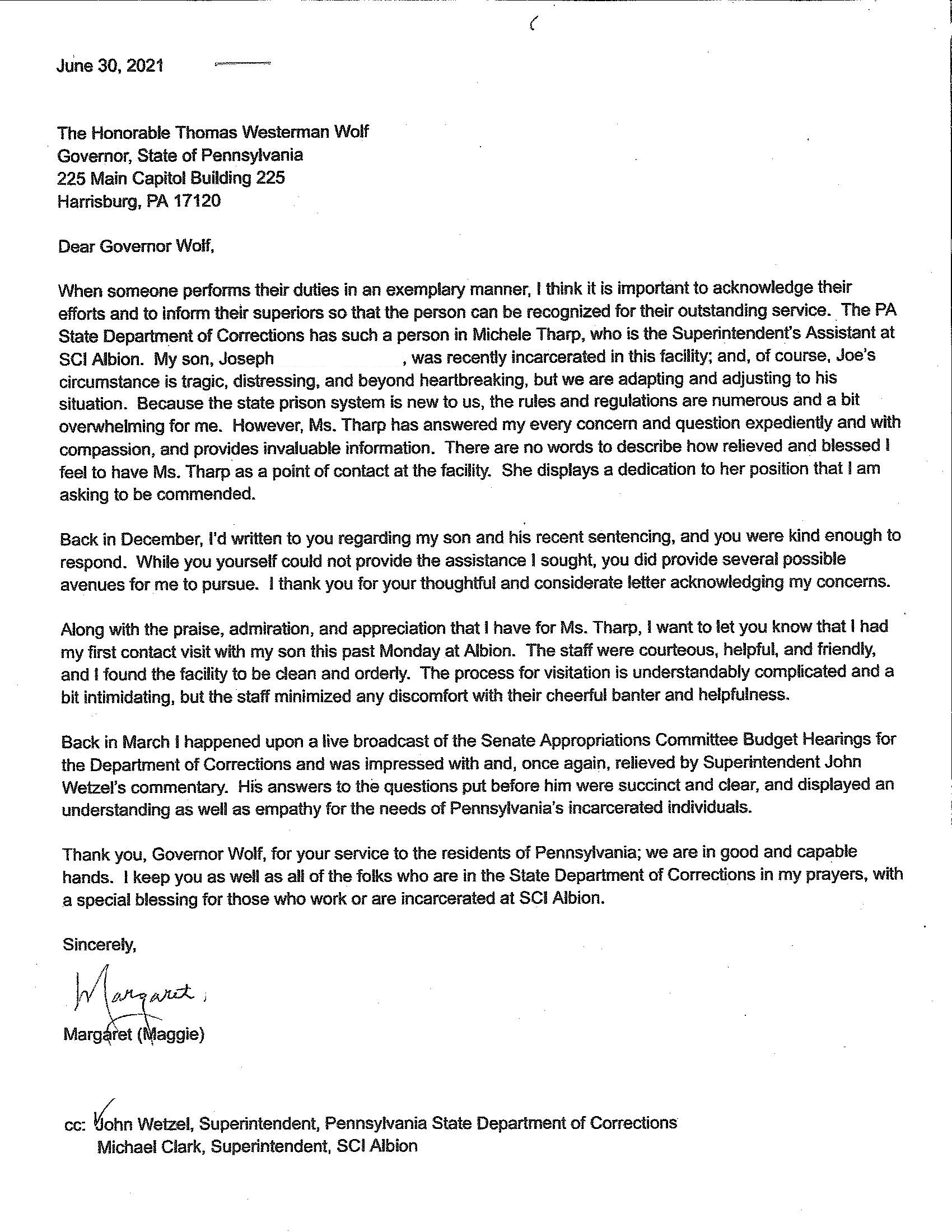 A letter written to Gov. Tom Wolf by an inmate's mother