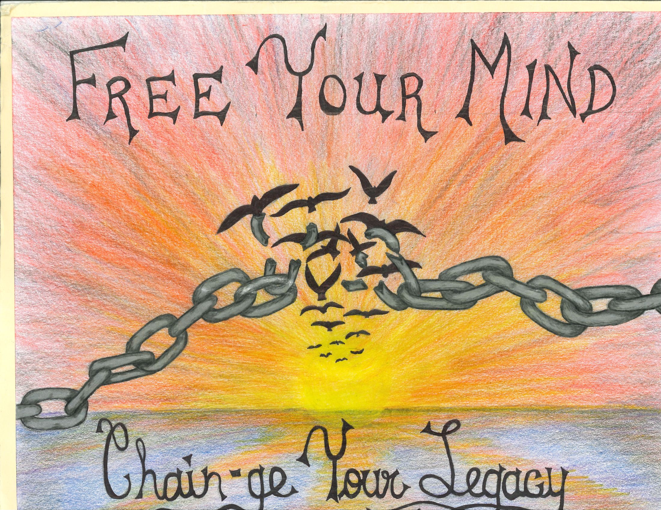 A drawing that says "Free your mind" and features birds flying through a chain amidst a sunrise background
