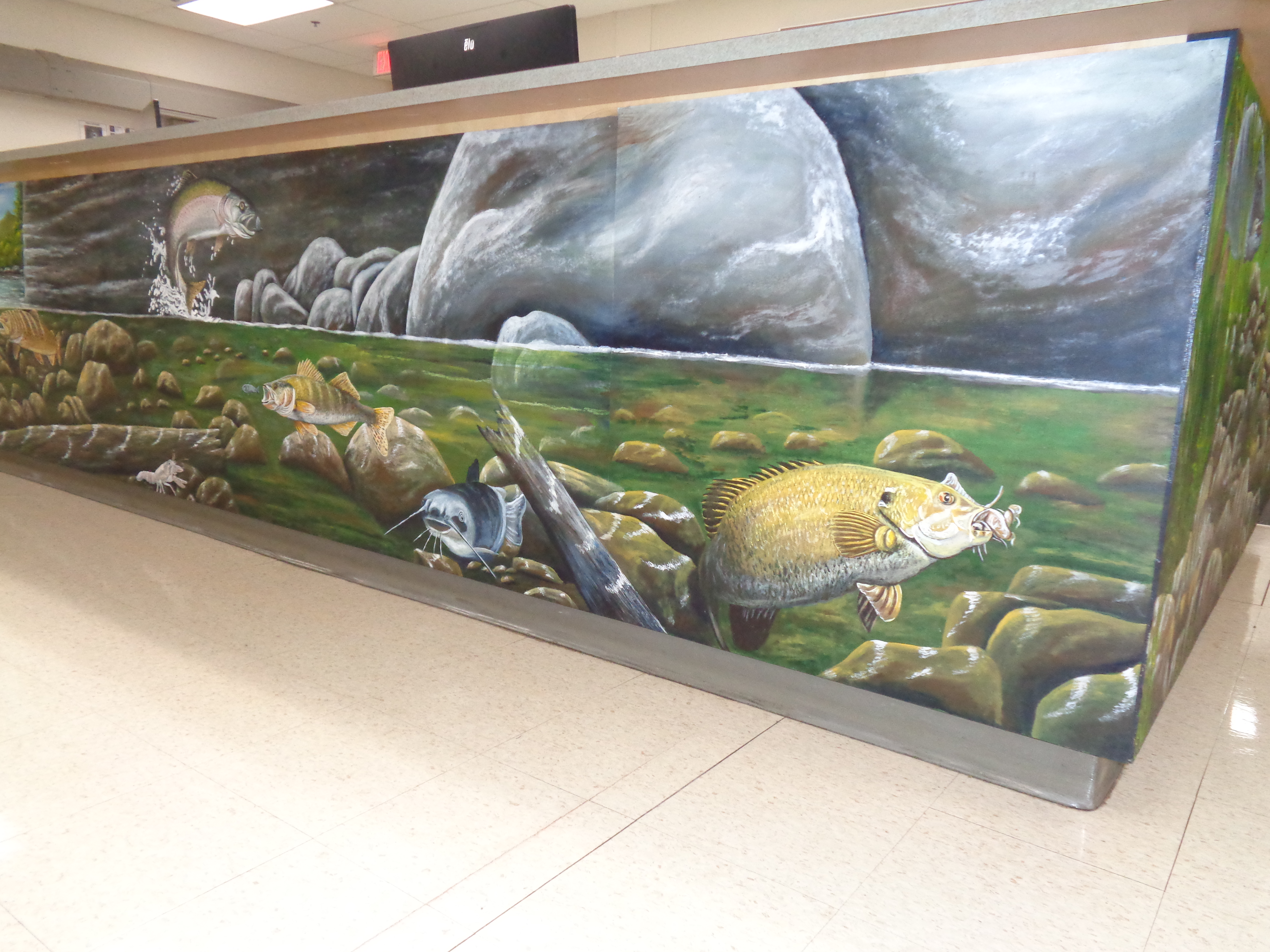 A mural showing a forest river scene