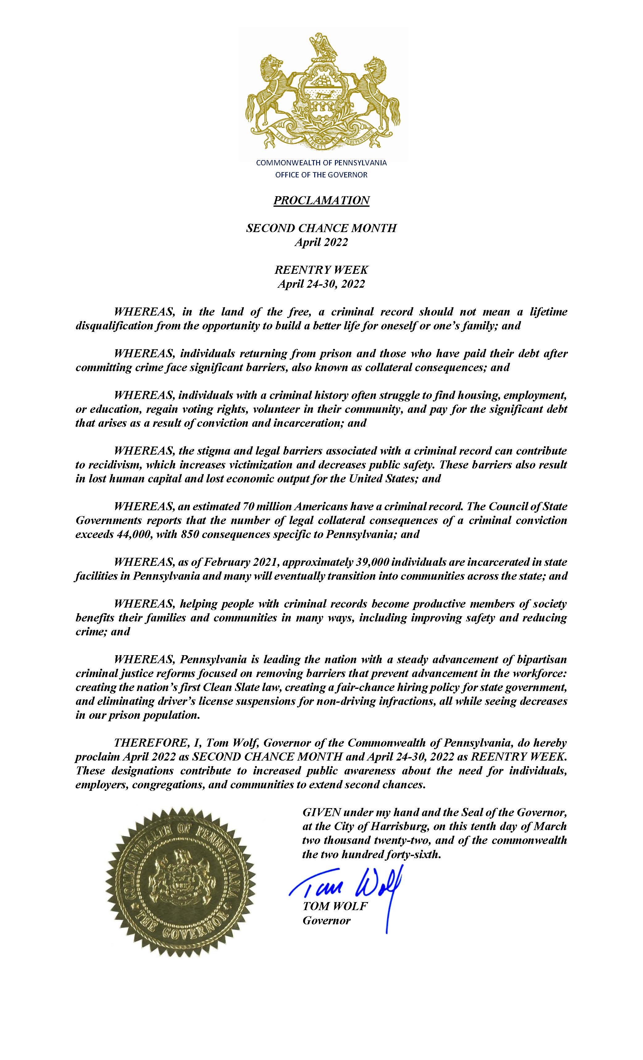 A proclamation by Gov. Wolf for Second Chance Month