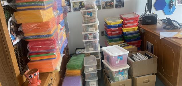 A room full of donated school supplies