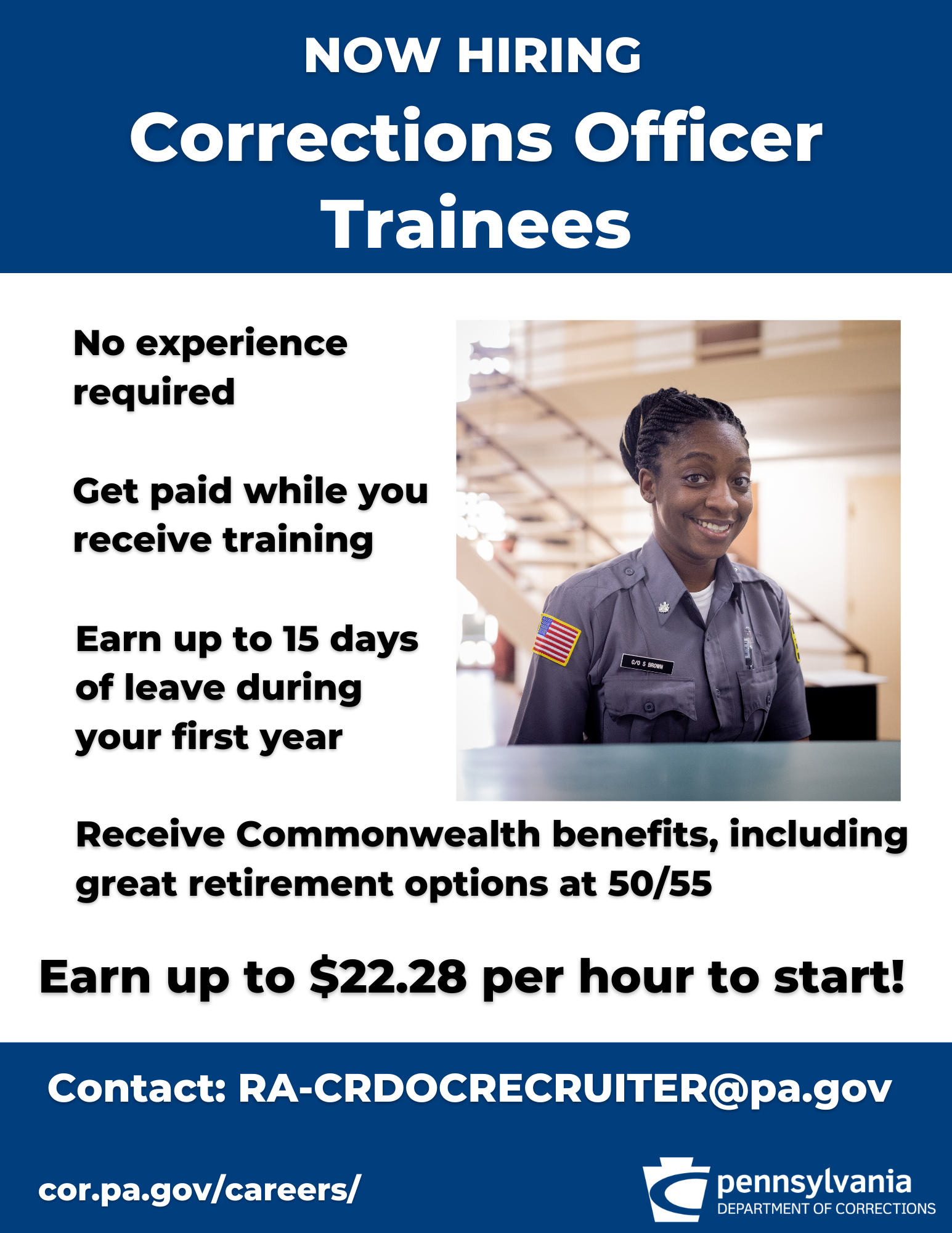 A flyer promoting corrections officer trainee positions