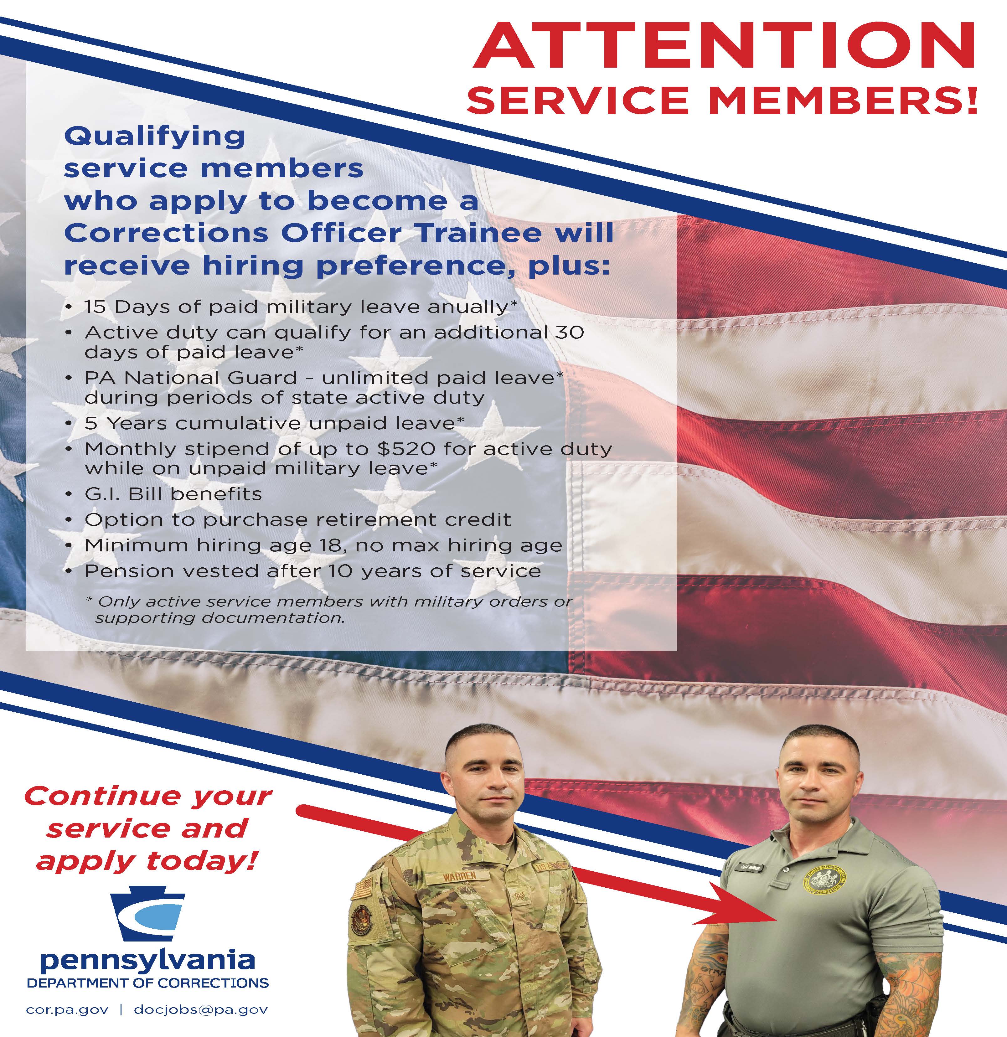 A flyer for veterans about the benefits of working in the Department of Corrections.