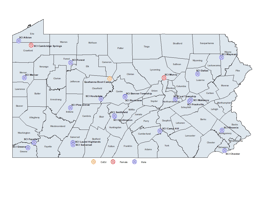 Map of state prisons in Pennsylvania