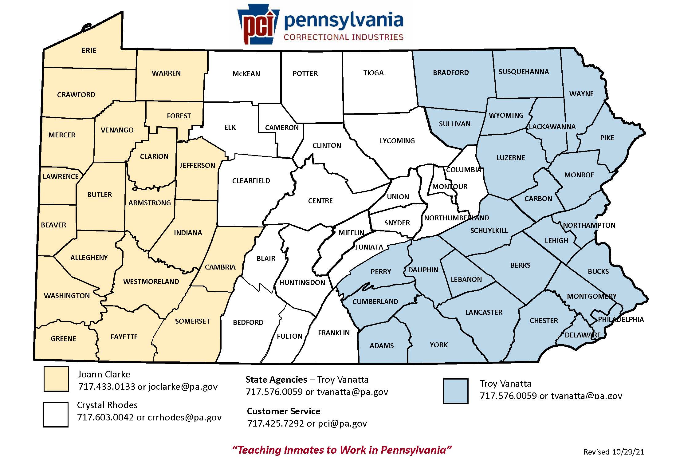A map of Pennsylvania divided into regions based on PCI sales and marketing representatives