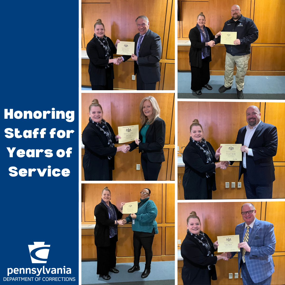 A collage of photos of employees receiving certificates from DOC Secretary Dr. Laurel Harry