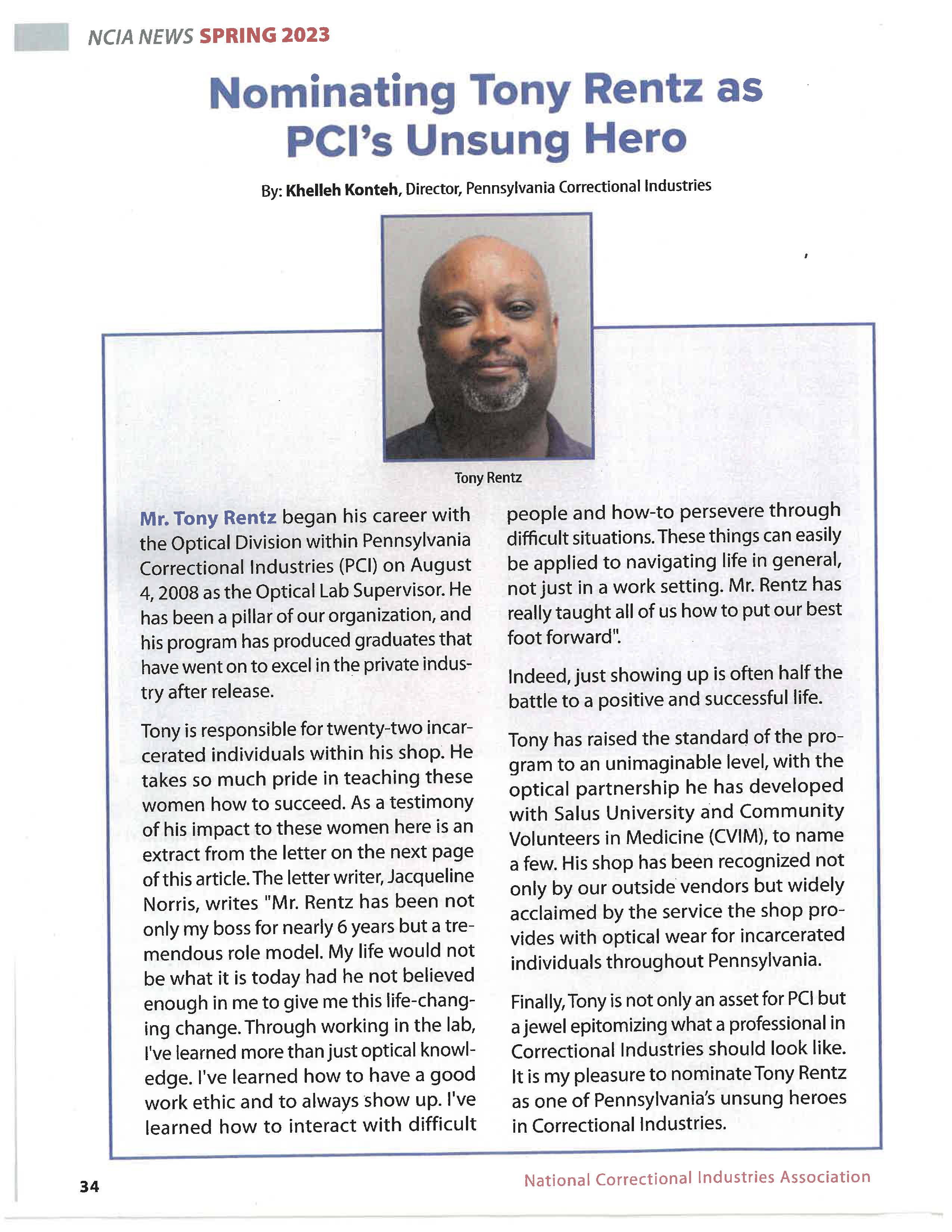 An article about SCI Cambridge Springs Optical Supervisor Tony Rentz in the spring edition of NCIA News